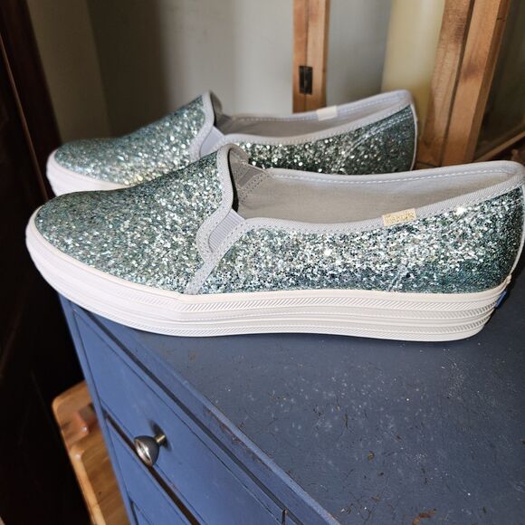 Keds x Kate Spade Sz 11 Light Blue Green Glitter Triple Decker Slip On Shoes NEW - Picture 1 of 7